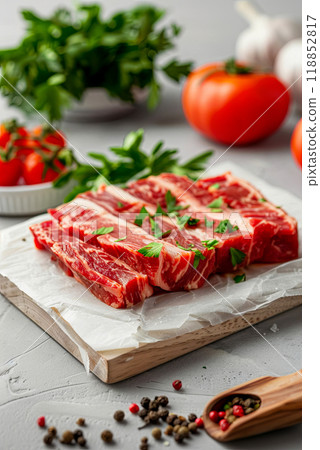 Brisket on with spices and rosemary on parchment paper, concept of cooking a dish in a restaurant menu, selective focus on meat Brisket on with spices and rosemary on parchment paper, concept of cooking a dish in a restaurant menu, selective focus on meat 118852817