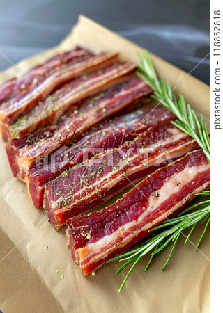 Fresh brisket on with spices and rosemary on parchment paper, cooking concept, selective focus Fresh brisket on with spices and rosemary on parchment paper, cooking concept, selective focus 118852818