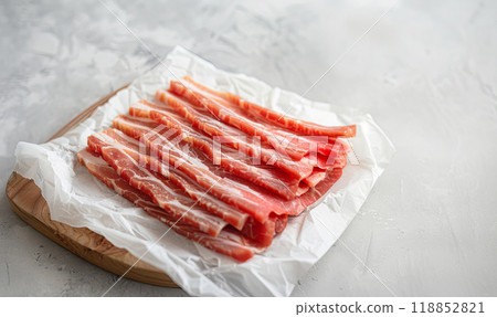 Bacon cut into pieces on parchment paper, flat lay, healthy natural food 118852821