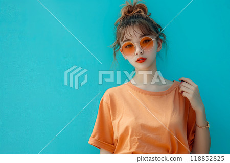 Beautiful Asian female model wearing an orange t-shirt on a blue background with space for seasonal sales concept and advertising 118852825