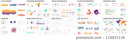 Mega set of infographic elements data visualization vector design template. Includes social media, business process, people, workflow, diagram, flowchart, timeline, marketing. Bundle info graphics. 118853136
