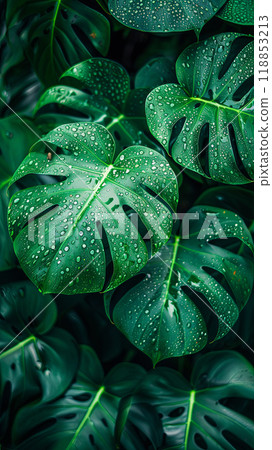 Monstera leaves in raindrops, vertical background for a product, concept for a template or screensaver 118853213