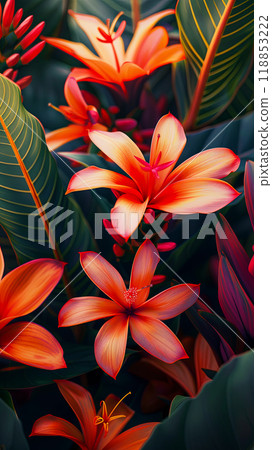 Vertical poster with tropical flowers and leaves, cosmetics promotion concept 118853222