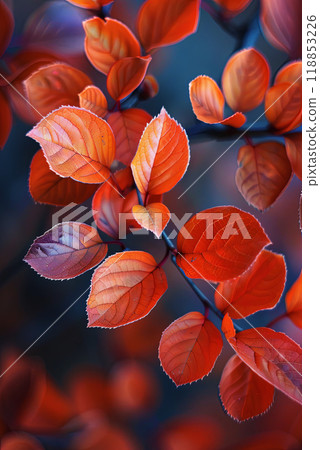 Red autumn leaves on blue rich background, vertical poster for product splash Red autumn leaves on blue rich background, vertical poster for product splash 118853226