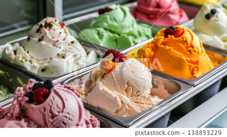 Showcase with different types of gelato, delicious fruit dessert, advertising concept for delicious handmade ice cream 118853229
