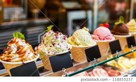 Showcase in a cafe with different types of fruit lactose-free ice cream, signs for the price and names of the dessert 118853237