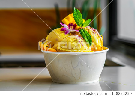 Ice cream made from fruits and coconut milk on a table in a vegan cafe, selective focus 118853239