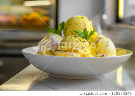 Vegetarian mango and passion fruit ice cream, , vegetarian dessert made from fruits and plant milk 118853241