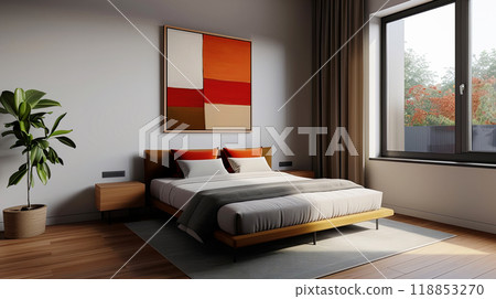 Design project of a bedroom in a minimalist style with an abstract painting in the interior 118853270