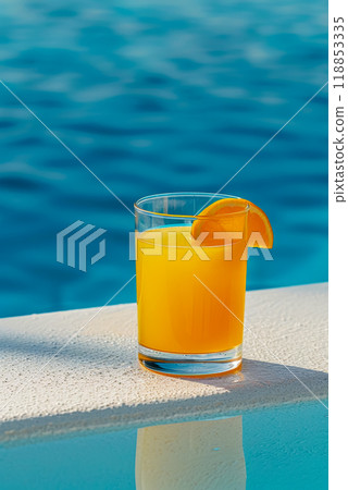 Cocktail with orange juice stands by the pool, cafe menu advertising concept, vertical poster 118853335
