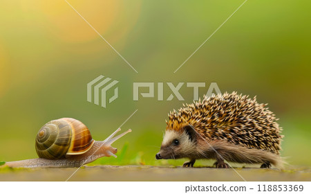 Burgundy snai crawls across the lawn, a hungry hedgehog is watching the snail, a poster about nature and the importance of protecting the ecosphere 118853369