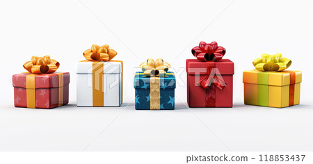 Set of colorful gift boxes with ribbons for Christmas holidays or commercial event. Generated AI. 118853437