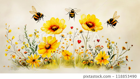 Yellow autumn flowers with bees flying above the flowers, poster about collecting natural honey in the meadow Yellow autumn flowers with bees flying above the flowers, poster about collecting natural honey in the meadow 118853490