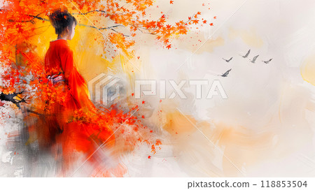 Postcard with a girl in a traditional outfit under a red autumn maple tree, in the sky migratory birds fly south, banner concept for Thanksgiving Postcard with a girl in a traditional outfit under a red autumn maple tree, in the sky migratory birds fly south, banner concept for Thanksgiving 118853504
