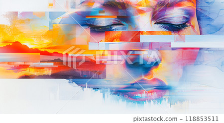 Collage with portrait of woman with closed eyes and sea, abstract futurism, mental health poster concept 118853511