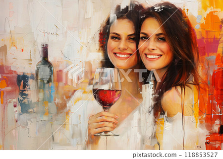 Portrait of happy girlfriends laughing and talking over a glass of young red wine, abstract poster for wine festival advertising concept 118853527