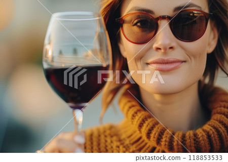 Adult beautiful woman raising a glass of red wine making a toast in the company of friends, croissant outline and selective focus Adult beautiful woman raising a glass of red wine making a toast in the company of friends, croissant outline and selective focus 118853533