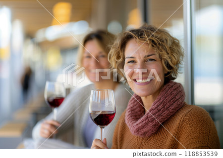 Portrait of happy adult girlfriends enjoying red wine, handsome smiling women at wine festival 118853539