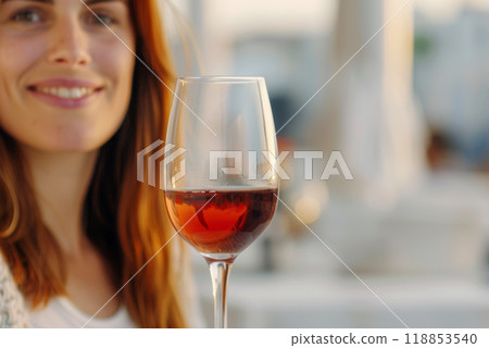 Poster with a glass. red wine in a woman's hand, concept of tasting young wine from a local distillery 118853540