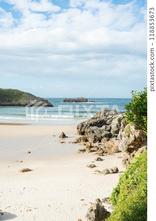 Beautiful view of Barro beach, in Llanes. No people 118853673