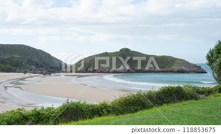 Beautiful aerial view of empty beach in Asturias. Barro, Llanes. Beautiful aerial view of empty beach in Asturias. Barro, Llanes. 118853675