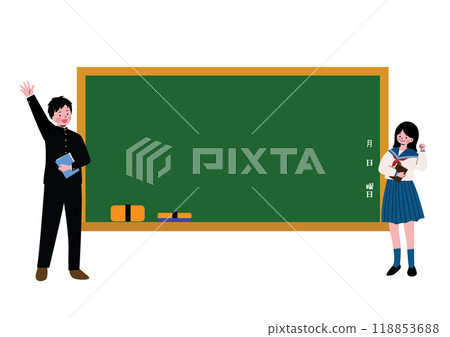 Male and female students posing in front of a blackboard 118853688