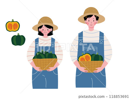 Illustration of male and female pumpkin farmers 118853691