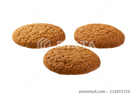 Oatmeal cookies isolated. Round oatmeal cookies isolated on white background. 118853720