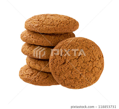 Stack of round oatmeal cookies isolated on white background. 118853731