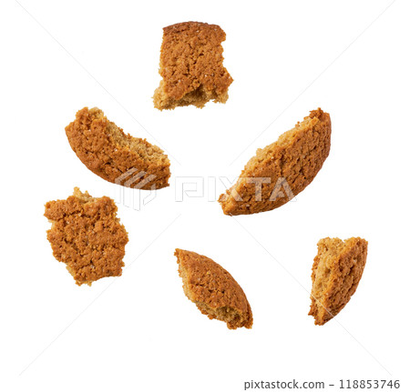 Broken round oatmeal cookies isolated on white background. Broken round oatmeal cookies isolated on white background. 118853746