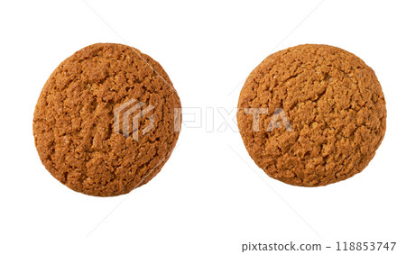 Oatmeal cookies isolated, top view. Round oatmeal cookies isolated on white background. 118853747