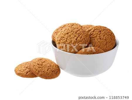 delicious oatmeal cookies round shape in a plate isolated on white background. delicious oatmeal cookies round shape in a plate isolated on white background. 118853749