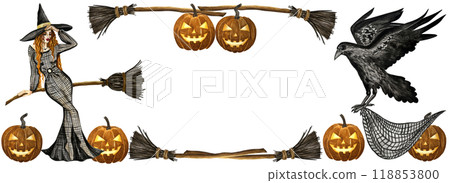 Watercolor set of autumn illustrations for Halloween with pumpkins, candles, raven, broom, witch, book. Happy Halloween party invitation or greeting card set for design of cards, posters. Watercolor set of autumn illustrations for Halloween with pumpkins, candles, raven, broom, witch, book. Happy Halloween party invitation or greeting card set for design of cards, posters. 118853800