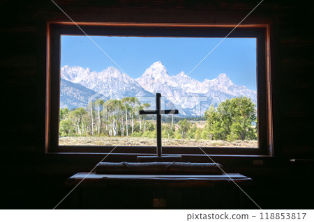 Grand Tetons with a wooden cross from the Chapel of the Transfiguration in Grand Teton National Park, Wyoming, United States 118853817