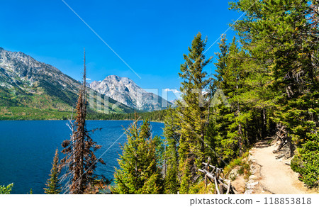 Jenny Lake trail at Grand Teton National Park in Wyoming, United States Jenny Lake trail at Grand Teton National Park in Wyoming, United States 118853818