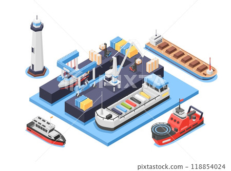 Isometric seaport cargo service. Ship renovation and repair station. Industrial marine port, ships vessels boats. 3d ocean terminal flawless vector scene 118854024