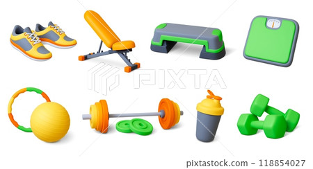 Sport 3d equipment. Dumbbells and barbell, bench press, floor scales realistic render style. Fitness ball and hula hoop, sneakers, pithy vector set Sport 3d equipment. Dumbbells and barbell, bench press, floor scales realistic render style. Fitness ball and hula hoop, sneakers, pithy vector set 118854027