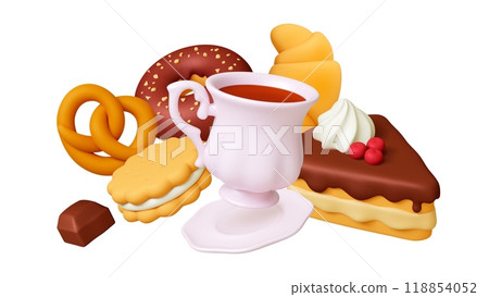 Tea time 3d composition. Teacup pastry and cake. Donut croissant cookie and chocolate. Tasty desserts realistic elements, cafe breakfast vector scene 118854052
