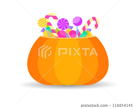 Halloween pumpkin with candies and lollipops. Jack o lantern filled with candies for Halloween treats. Design for printing banners, posters and holiday products. Vector illustration 118854145