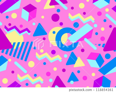 Seamless pattern with 3d geometric shapes in 80s memphis style. Colorful background with isometric geometric shapes. Design for wallpapers, wrappers, covers and banners. Vector illustration Seamless pattern with 3d geometric shapes in 80s memphis style. Colorful background with isometric geometric shapes. Design for wallpapers, wrappers, covers and banners. Vector illustration 118854161
