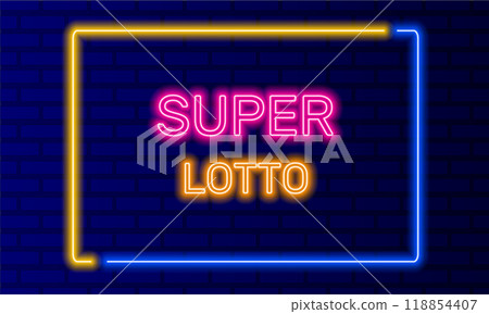 Neon sign super lotto in speech bubble frame on brick wall background vector. Light banner on wall background. Super lotto button bingo game, design template, neon signboard 118854407