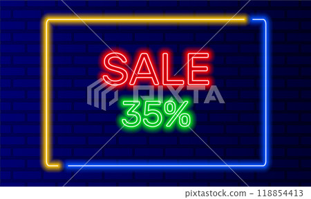 Neon sign 35 percent sale in speech bubble frame on brick wall background vector. Light banner on wall background. 35 percent sale button discounts and promotions, design template, neon signboard 118854413