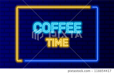Neon sign coffee time in speech bubble frame on brick wall background vector. Light banner on wall background. Coffee time button lunch break, design template, neon signboard Neon sign coffee time in speech bubble frame on brick wall background vector. Light banner on wall background. Coffee time button lunch break, design template, neon signboard 118854417