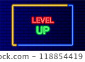 Neon sign level up in speech bubble frame on brick wall background vector. Light banner on wall background. Level up button develop and grow, design template, neon signboard 118854419