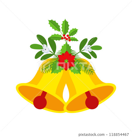 Two Christmas bells with poinsettia flower and fir branch floral garland. Two Christmas bells with poinsettia flower and fir branch floral garland. 118854467