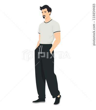 Vector illustration on a white background. A man in a white t-shirt and black pants. Minimalist style. 118854483