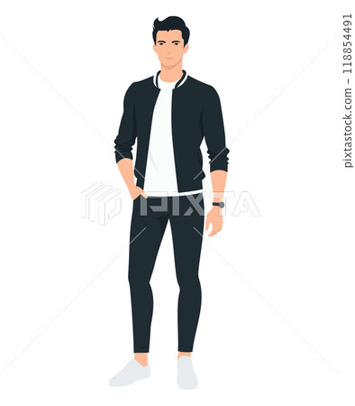 Vector illustration of a man in a black jacket, white t-shirt and black pants. Classic casual style 118854491