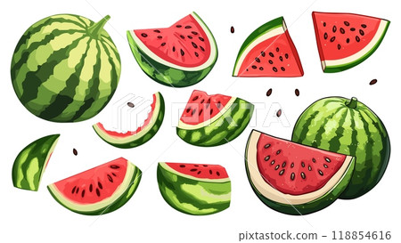 Watermelon set. Triangular slices full fruit pieces halved quarter black seeds green skin. Red juicy flesh of the ripe fruit. Tropical exotic food and drink design elements. Cartoon style isolated 118854616