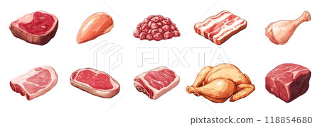 Raw meat products set. Full raw parts piece. Chicken breast fillet pork ham minced meat turkey leg bacon beef steak. Natural farm animal origin food. Butcher shop. Cartoon style isolated vector 118854680