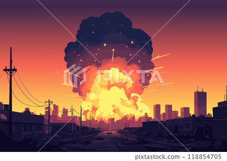 Nuclear explosion in the city landscape. Tragedy destructions and war concept. Mushroom cap cloud. Atomic bomb nuclear blast. Terrible military actions. Cartoon style vector illustration 118854705
